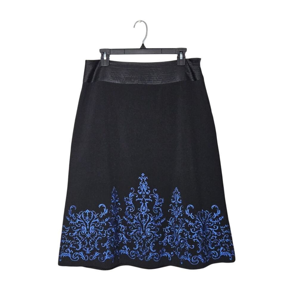 Black Royal Blue Midi Embroidered Silkland A-Line Skirt Size 8 Medium - Picture 2 of 7